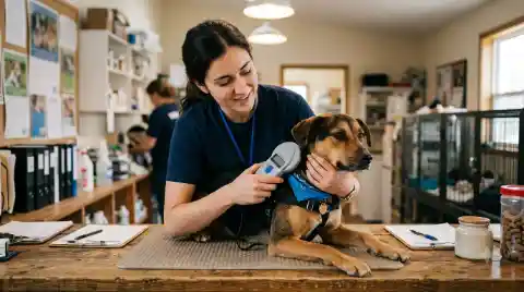 dogs reunited with their families - shelter volunteer scanning a dog's neck with a microchip reader