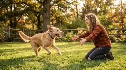 dogs reunited with their families - dog running joyfully across a grassy yard toward its owner with open arms