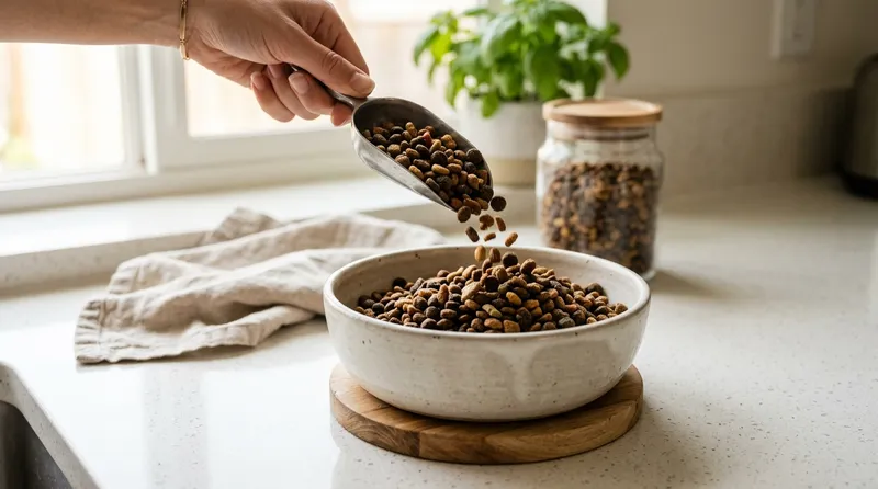 dry cat kibble poured into bowl