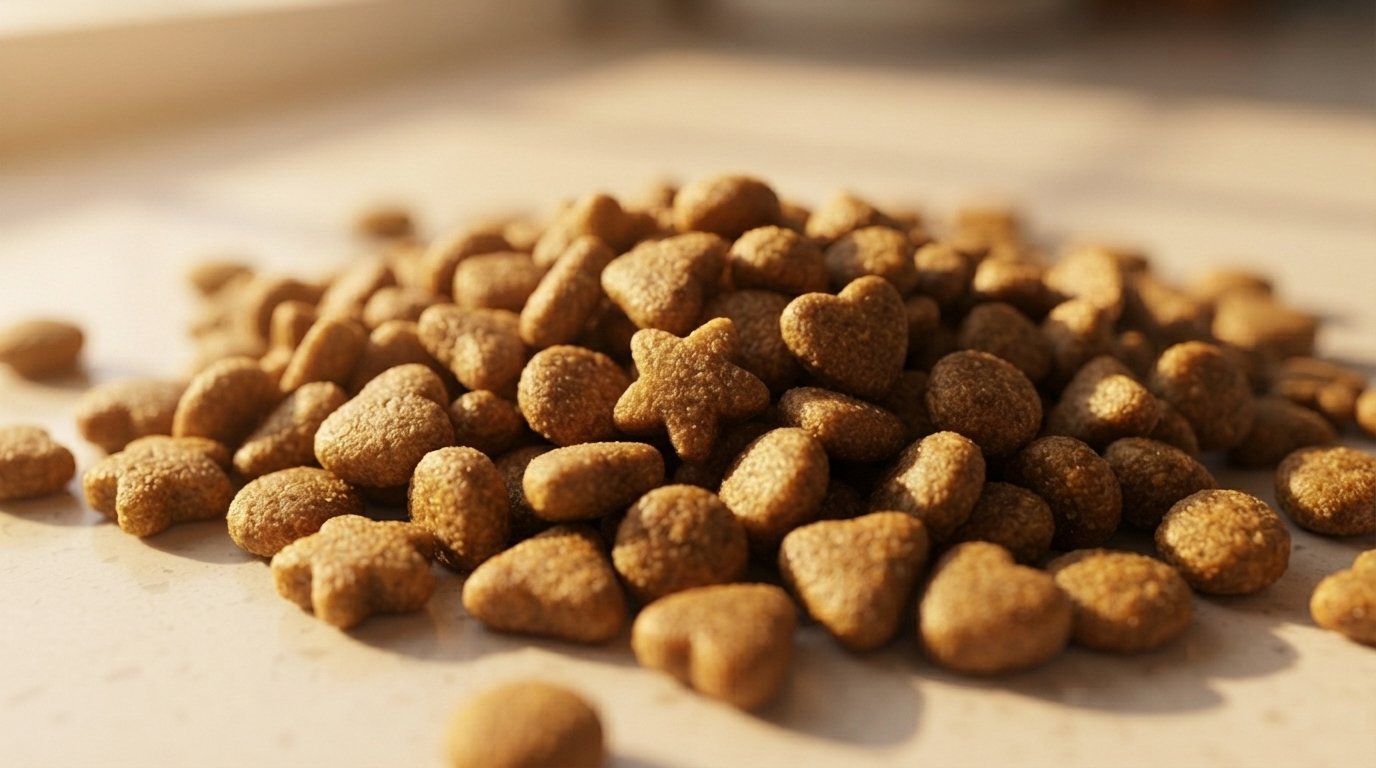 close up of dry dog food kibble pieces