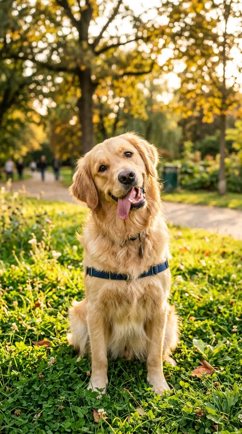 happy dog outdoors head tilted playfully