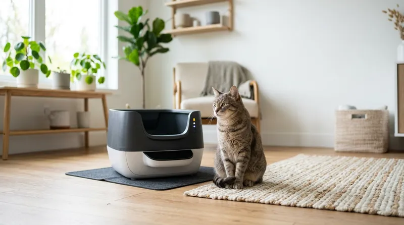healthy cat beside modern smart litter box