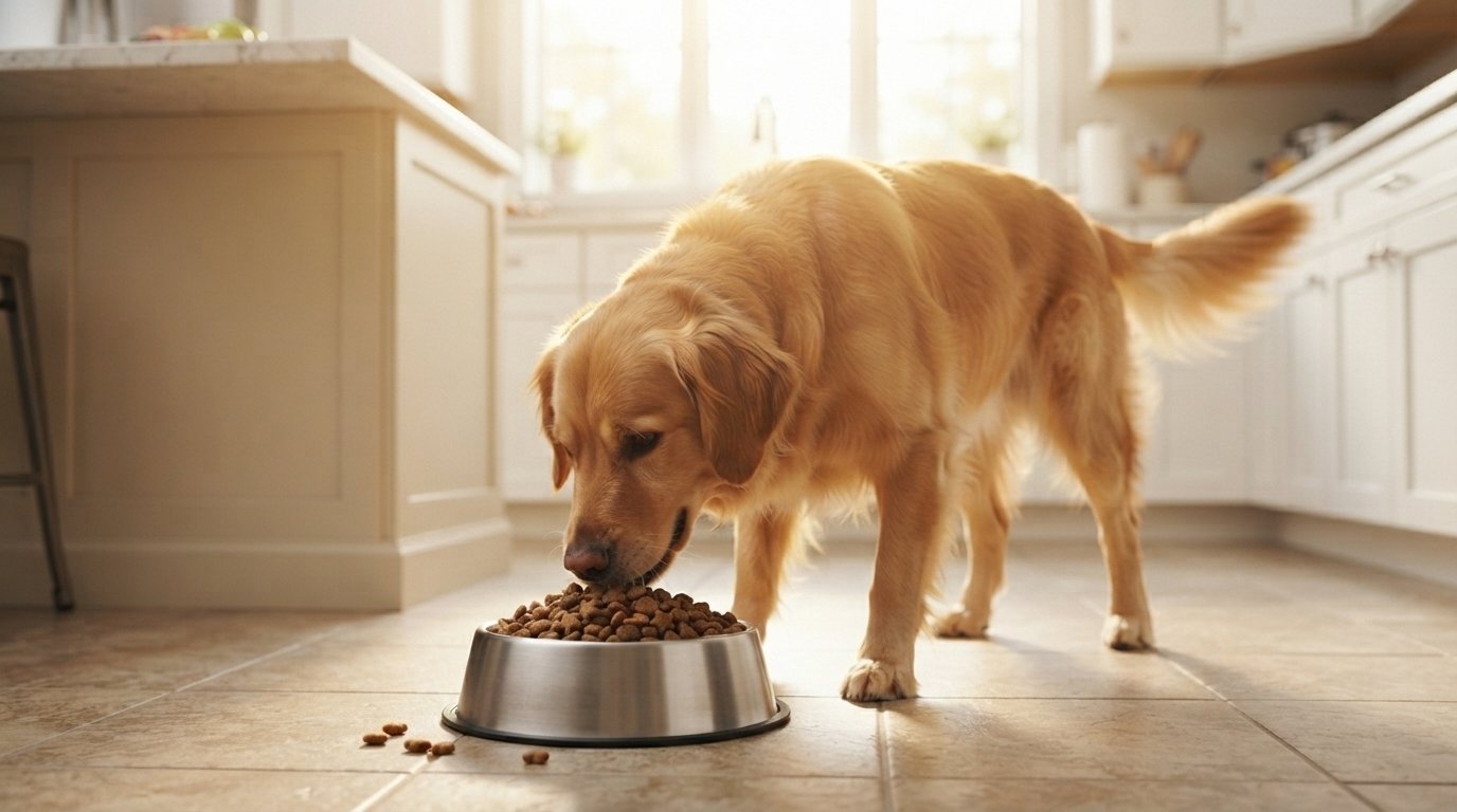 healthy dog eating from a bowl in the kitchen