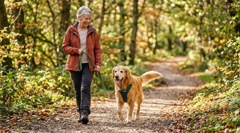 healthy senior dog walking outdoors with owner