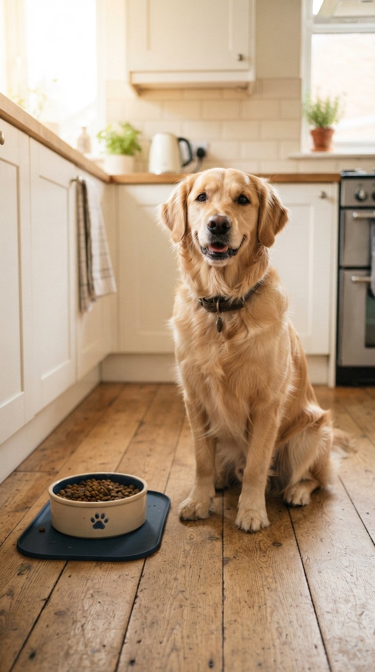 healthy dog sitting attentively next to its food bowl