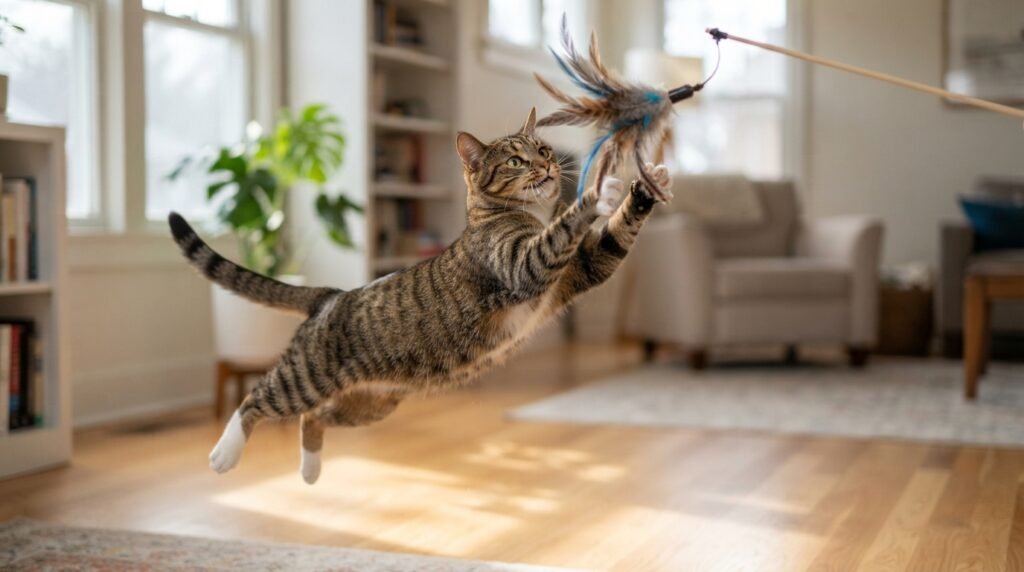 Playful tabby cat leaping to catch a feather wand toy mid-air in a bright living room