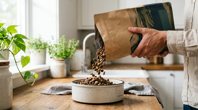 premium kibble poured into dog bowl