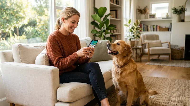 owner using training app with obedient dog