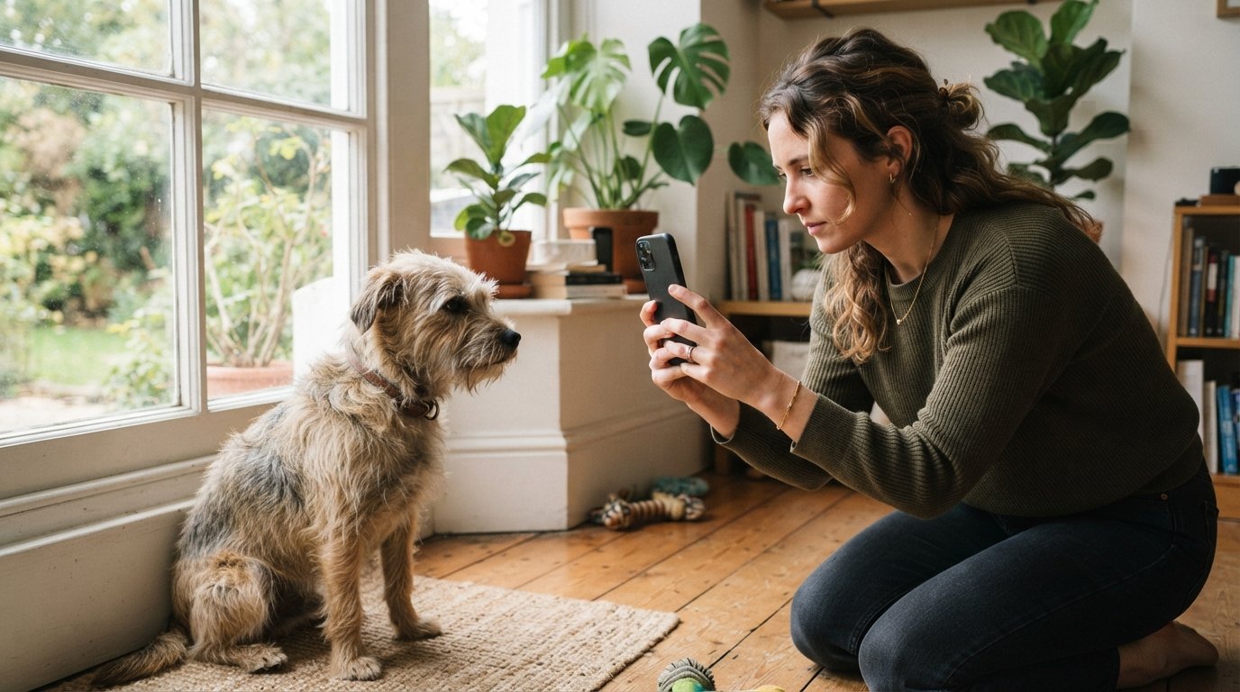 Owner kneeling to take a phone photo of their scruffy dog sitting calmly by a window