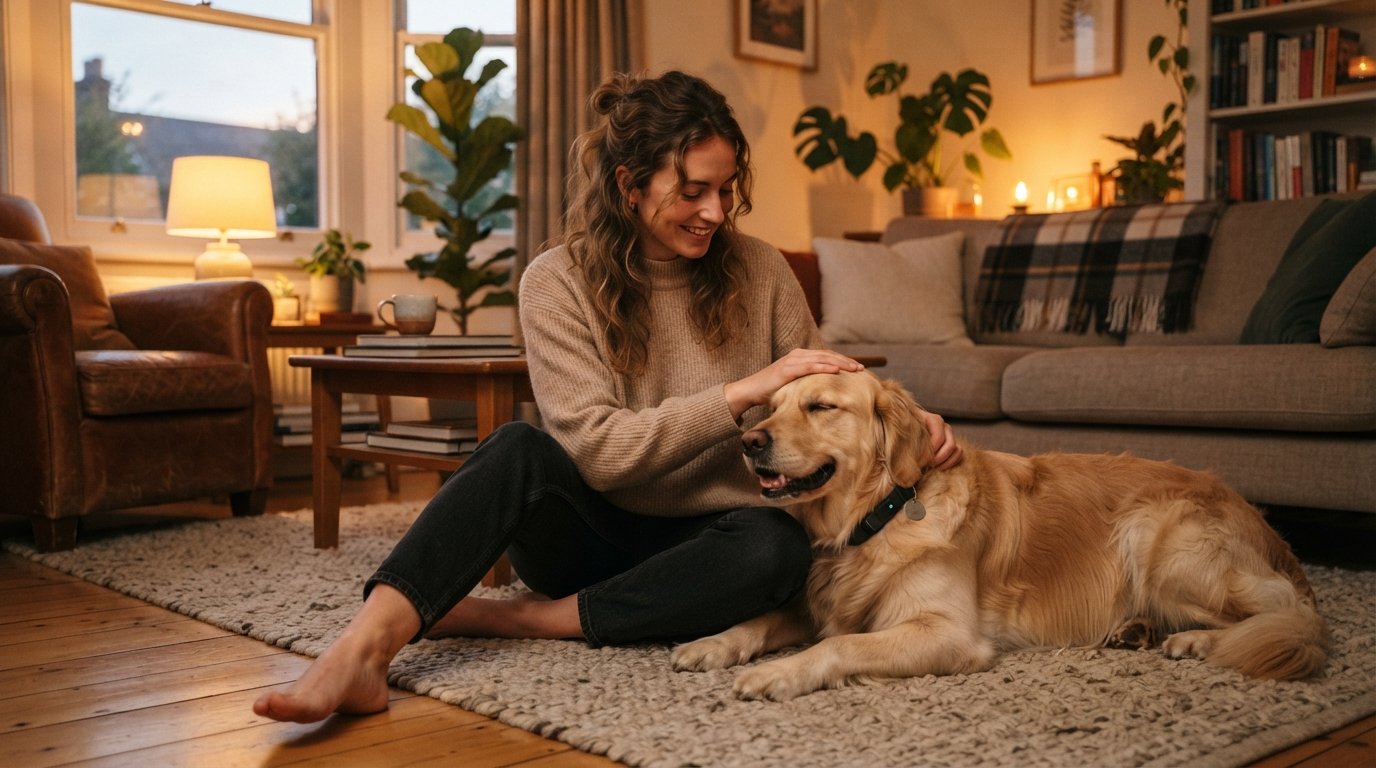Owner petting a calm dog wearing a smart collar in a cozy living room