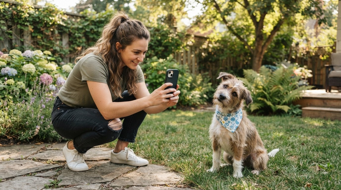 Person crouching down taking a phone photo of a scruffy dog doing a funny head tilt in a backyard