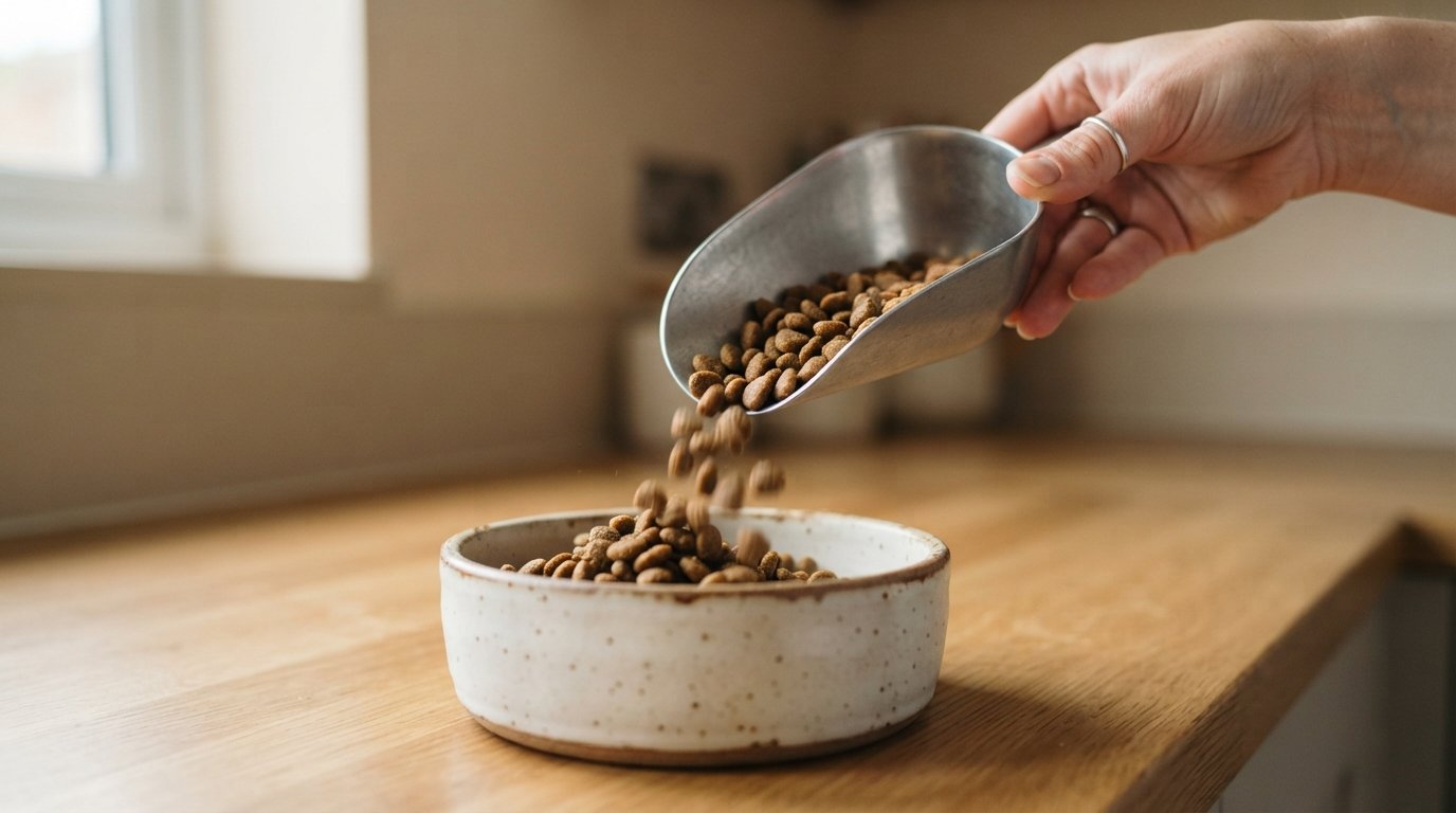 Hand pouring cat food kibble from a scoop into a ceramic bowl