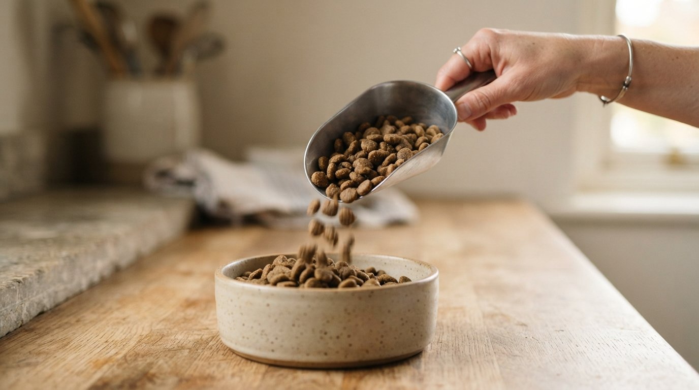 pouring measured dog food kibble into a bowl