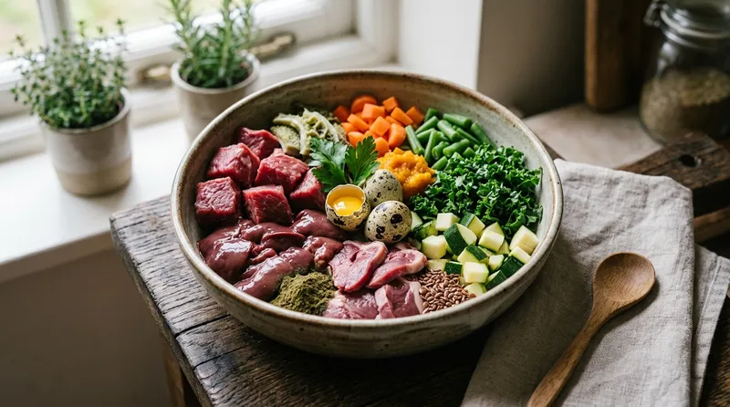 fresh raw dog food ingredients bowl