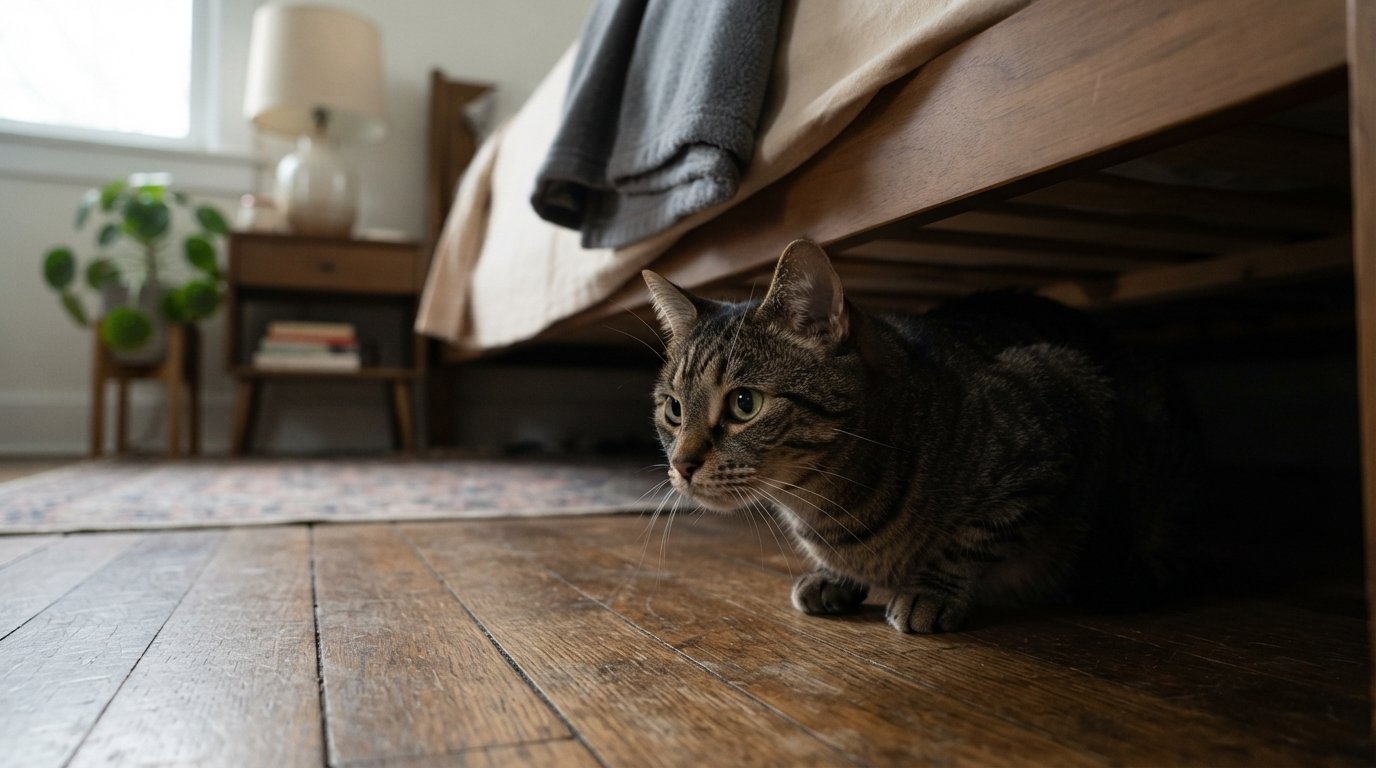 Cautious tabby cat peeking out from under a bed during the decompression period