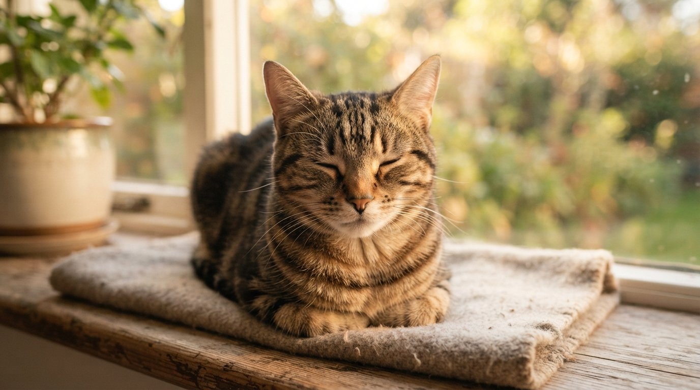 Relaxed tabby cat mid slow blink sitting on a windowsill in warm afternoon light