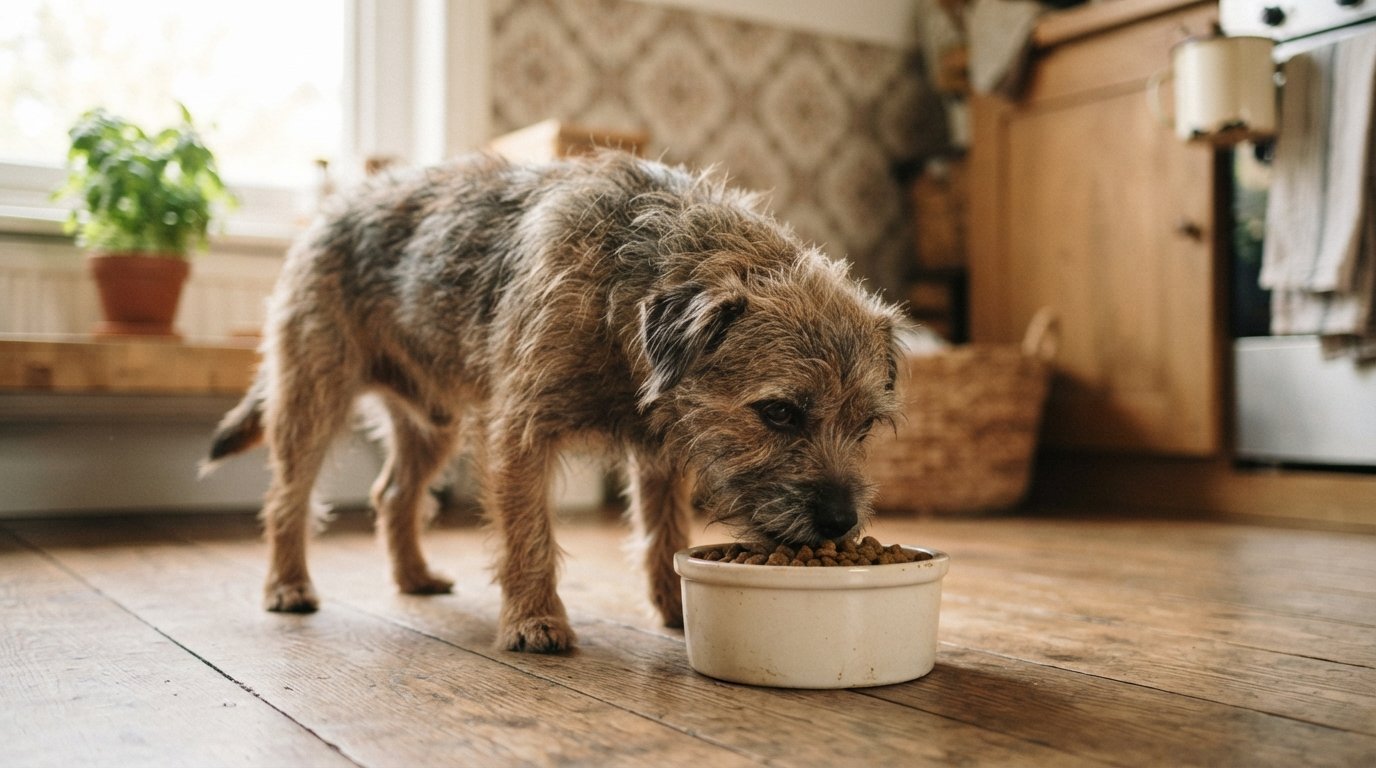 Scruffy dog calmly eating from a plain unmarked bowl in a cozy kitchen, relaxed body language