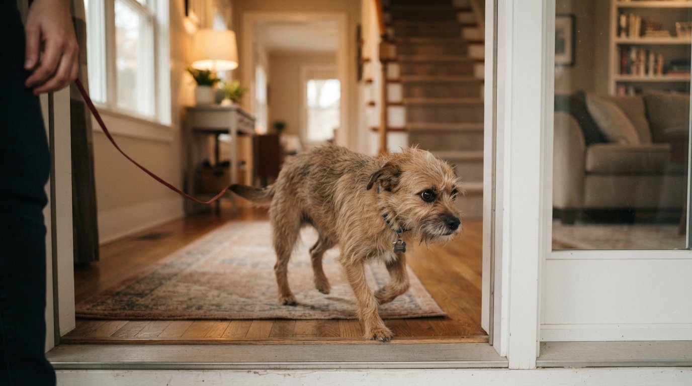 Nervous scruffy shelter dog with tail tucked cautiously stepping into a cozy new home