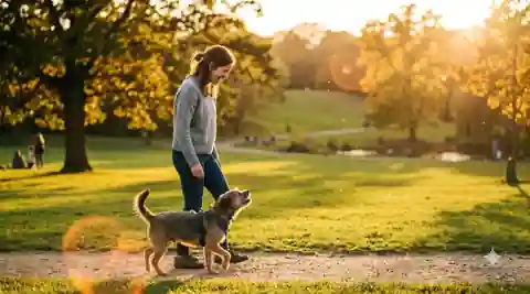 how rescue dogs learn to trust - dog walking confidently and happily with owner in park