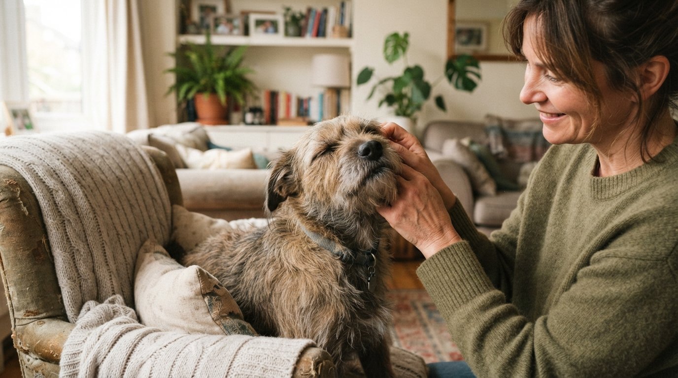 Scruffy dog leaning gently into its owner's hand for a scratch, cozy living room, tender trusting moment