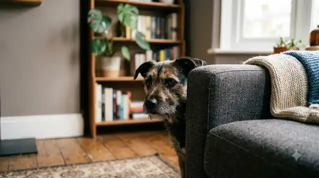 rescue dogs learn to trust - wary dog peeking from behind sofa in new home