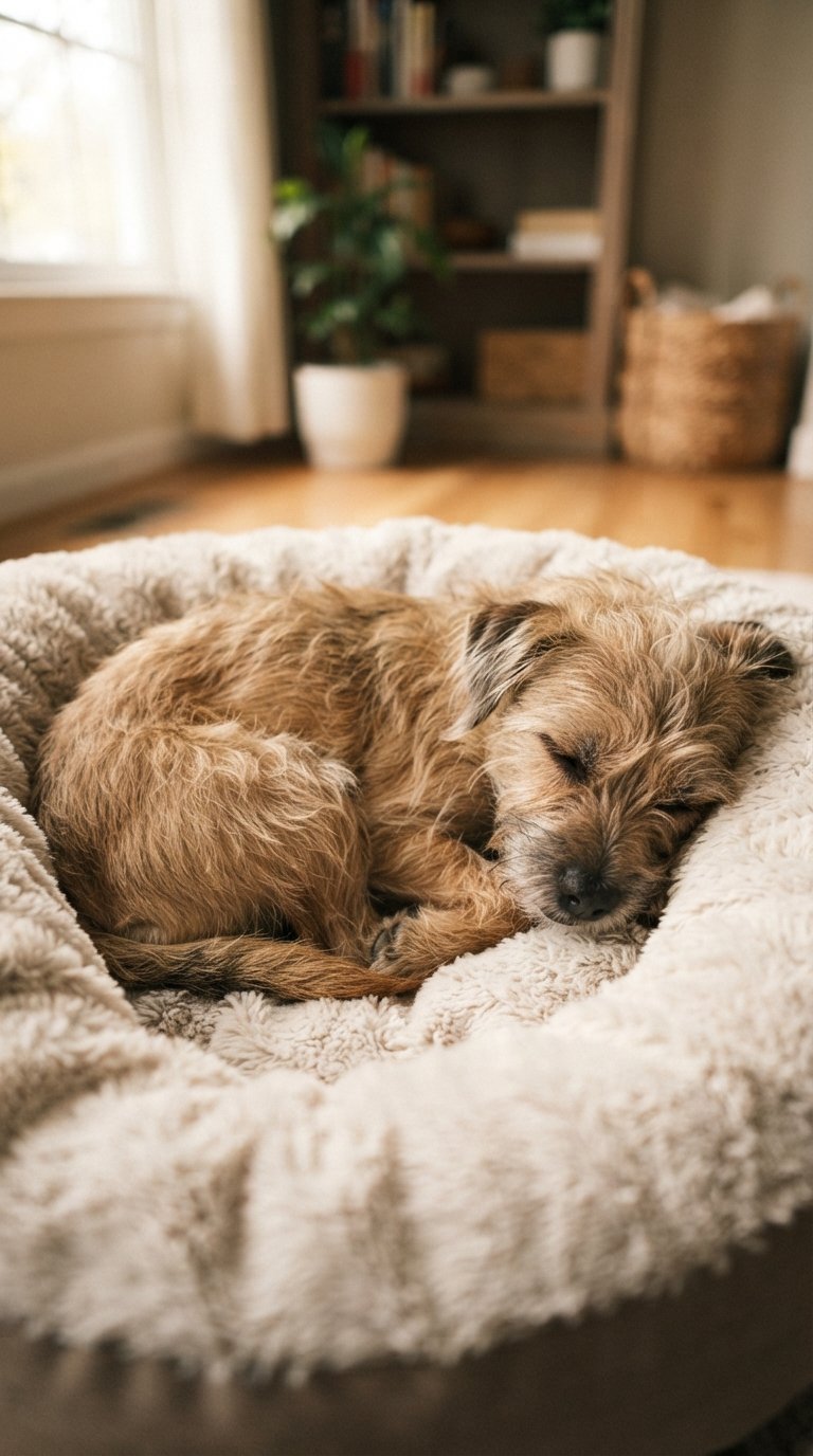 Scruffy dog sleeping deeply and peacefully curled up on a soft dog bed, relaxed and content