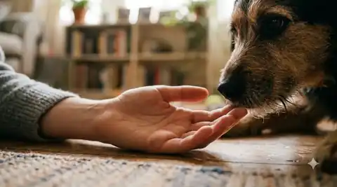 how rescue dogs learn to trust - dog cautiously sniffing extended hand