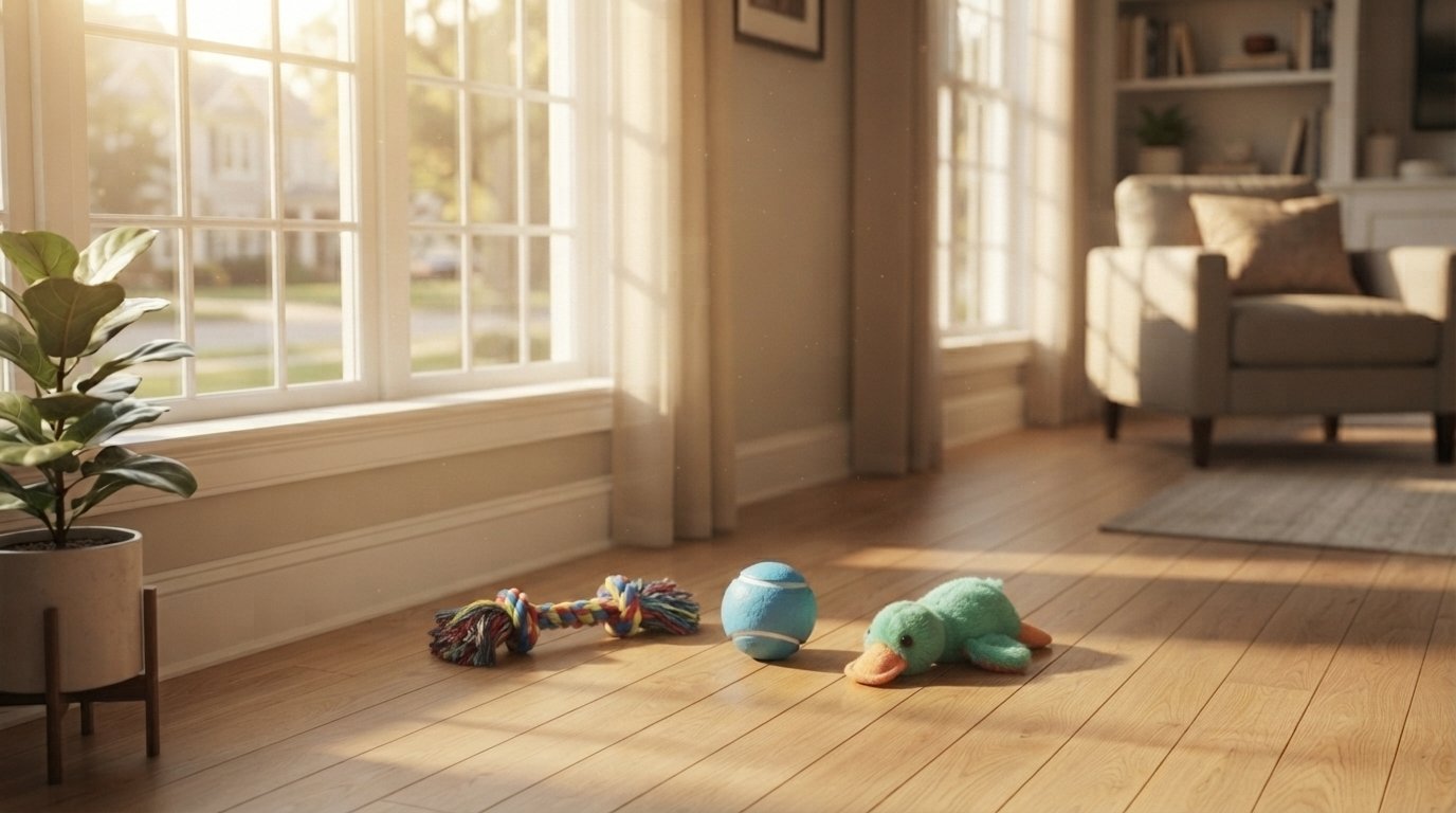 rotating collection of dog toys to prevent boredom