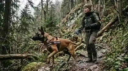 search and rescue dogs - handler and dog working together through forest wilderness terrain