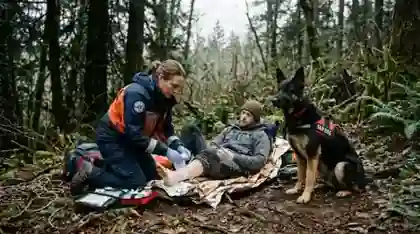 search and rescue dogs - handler responding to help a person found by the search team