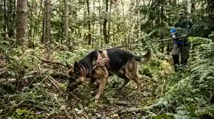 search and rescue dogs - dog with nose to the ground tracking a scent through forest underbrush