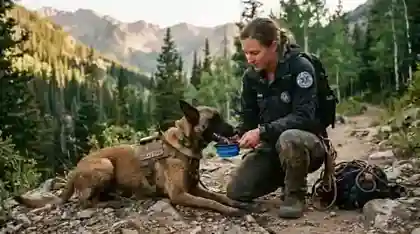 search and rescue dogs - handler and dog taking a rest and water break during training