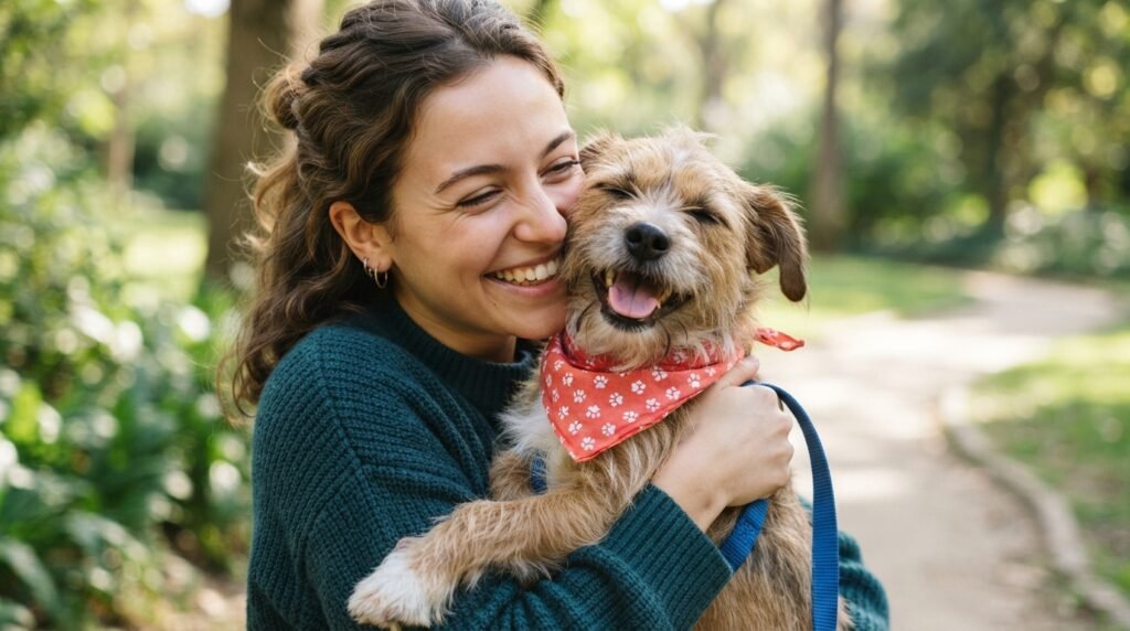 Joyful scruffy shelter dog with a bandana being hugged by a happy new owner outdoors