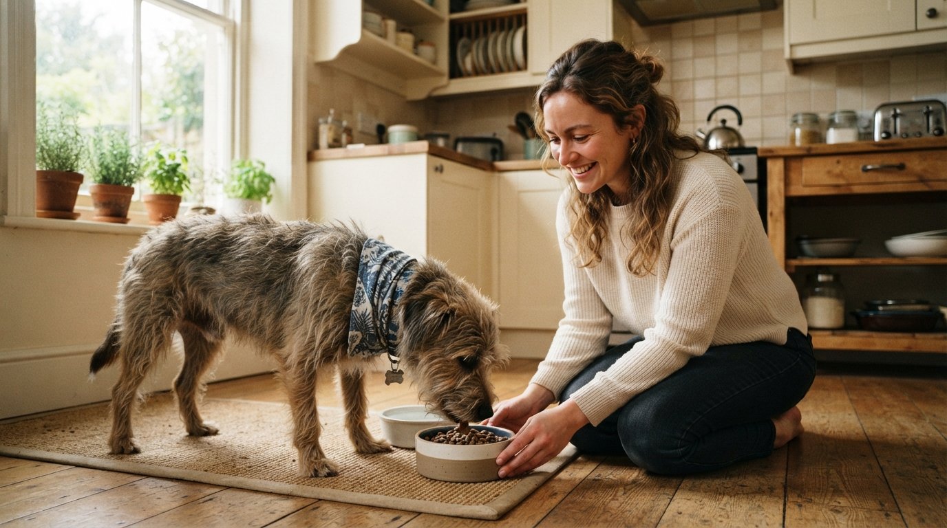 Scruffy dog with a bandana calmly eating from a food bowl in a cozy kitchen while new owner watches
