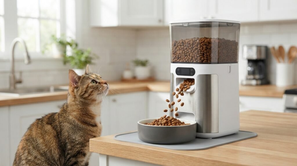Sleek modern automatic pet feeder dispensing kibble into a bowl while a cat waits eagerly nearby