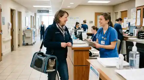therapy cats bring calm - handler checking in with a nurse before a hospital visit