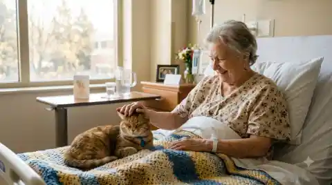 therapy cats bring calm - elderly patient gently petting a cat resting on the hospital bed