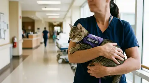 therapy cats bring calm - nurse carrying a therapy cat wearing an identification vest through a hospital hallway