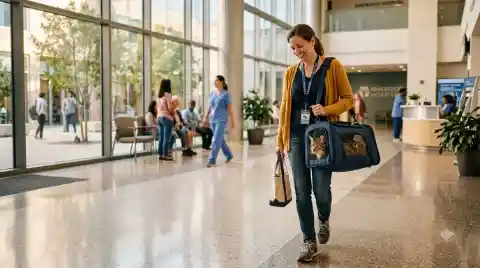 therapy cats bring calm - handler walking through a bright hospital lobby with the cat in a carrier