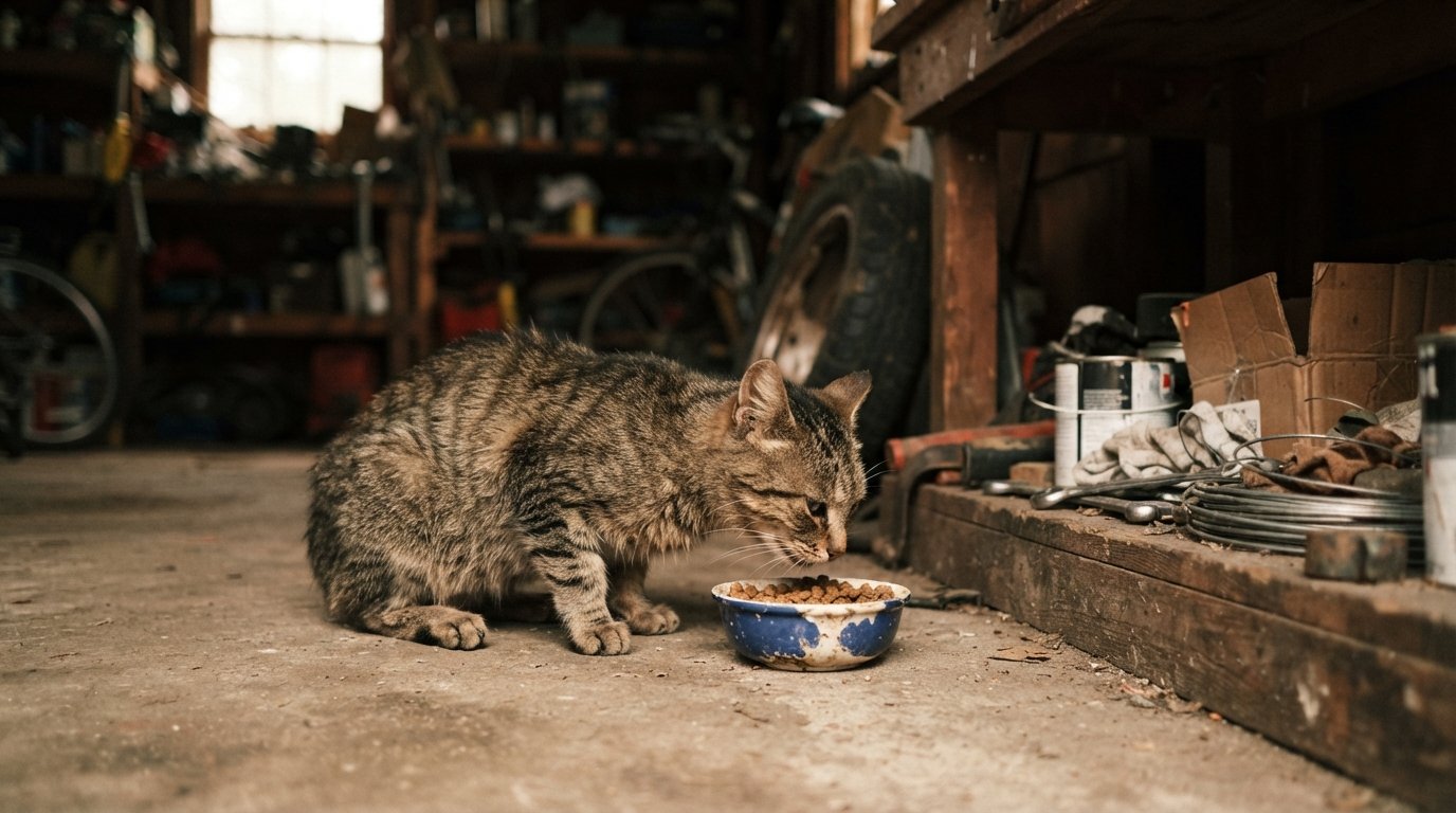 Thin stray tabby cat cautiously eating from a small bowl in a quiet garage