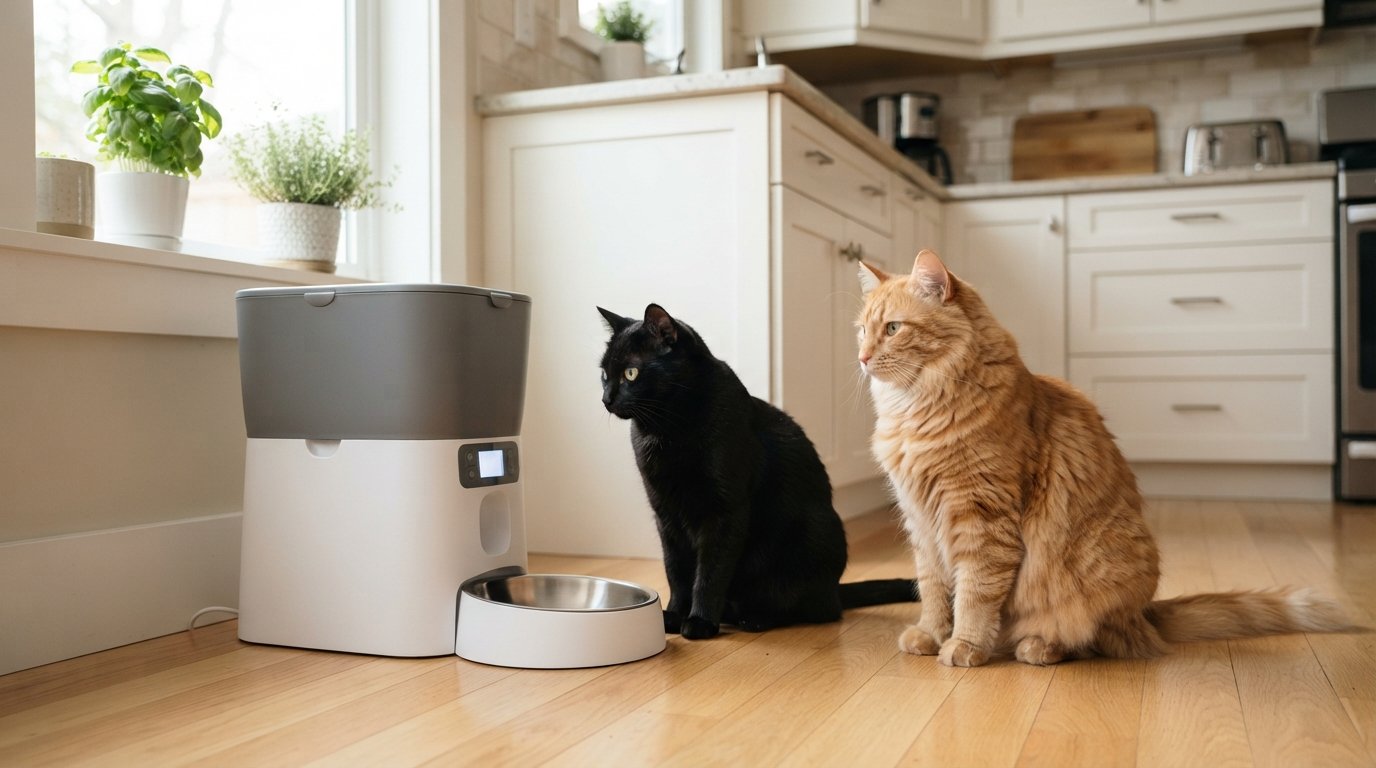 Two cats of different colors sitting near a smart pet feeder in a bright kitchen