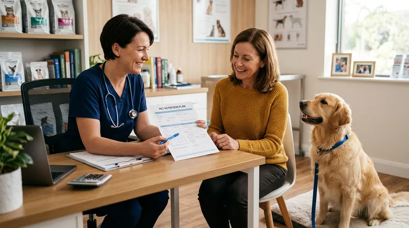 veterinarian discussing dog diet with owner