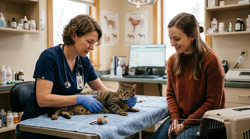 veterinarian examining cat with owner present