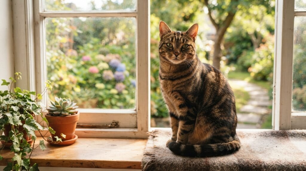 Glossy-coated confident tabby cat sitting proudly on a sunny windowsill, healthy and content