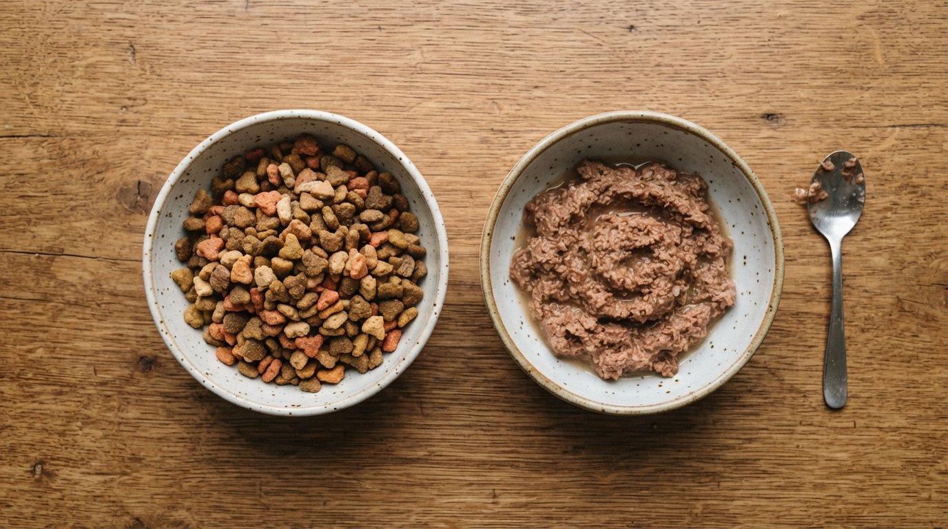 Two ceramic bowls side by side, one with dry cat kibble and one with wet cat food pate