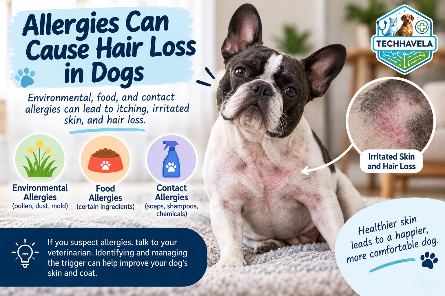 Dog hair loss caused by possible allergies and skin irritation