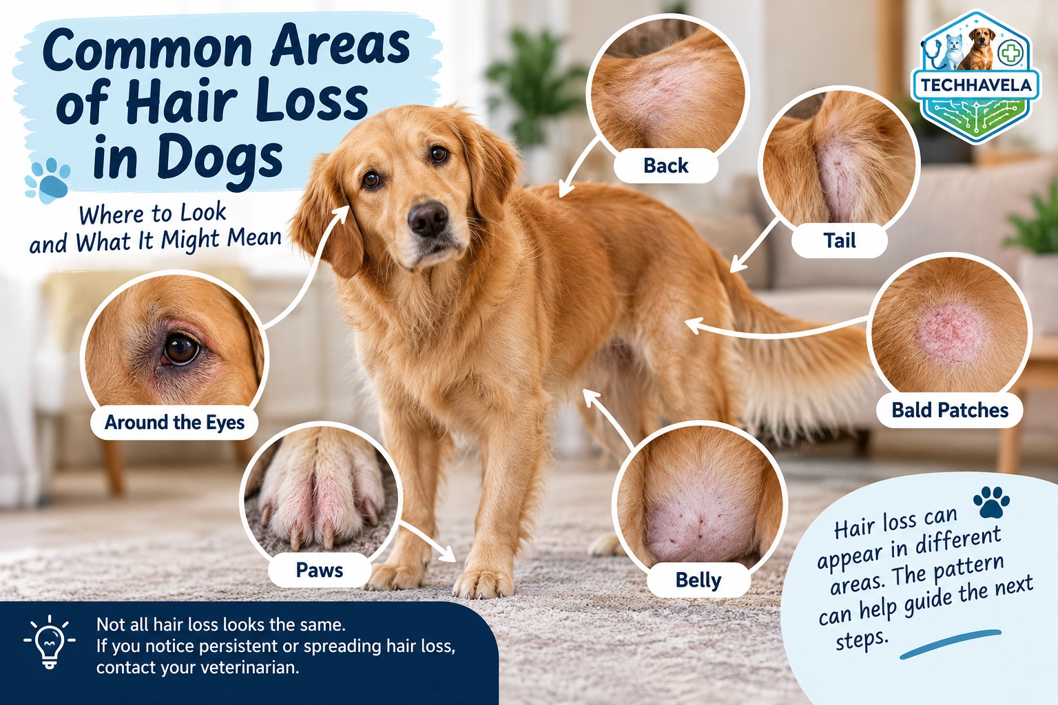 Common areas of hair loss in dogs including the eyes, paws, back, tail and belly