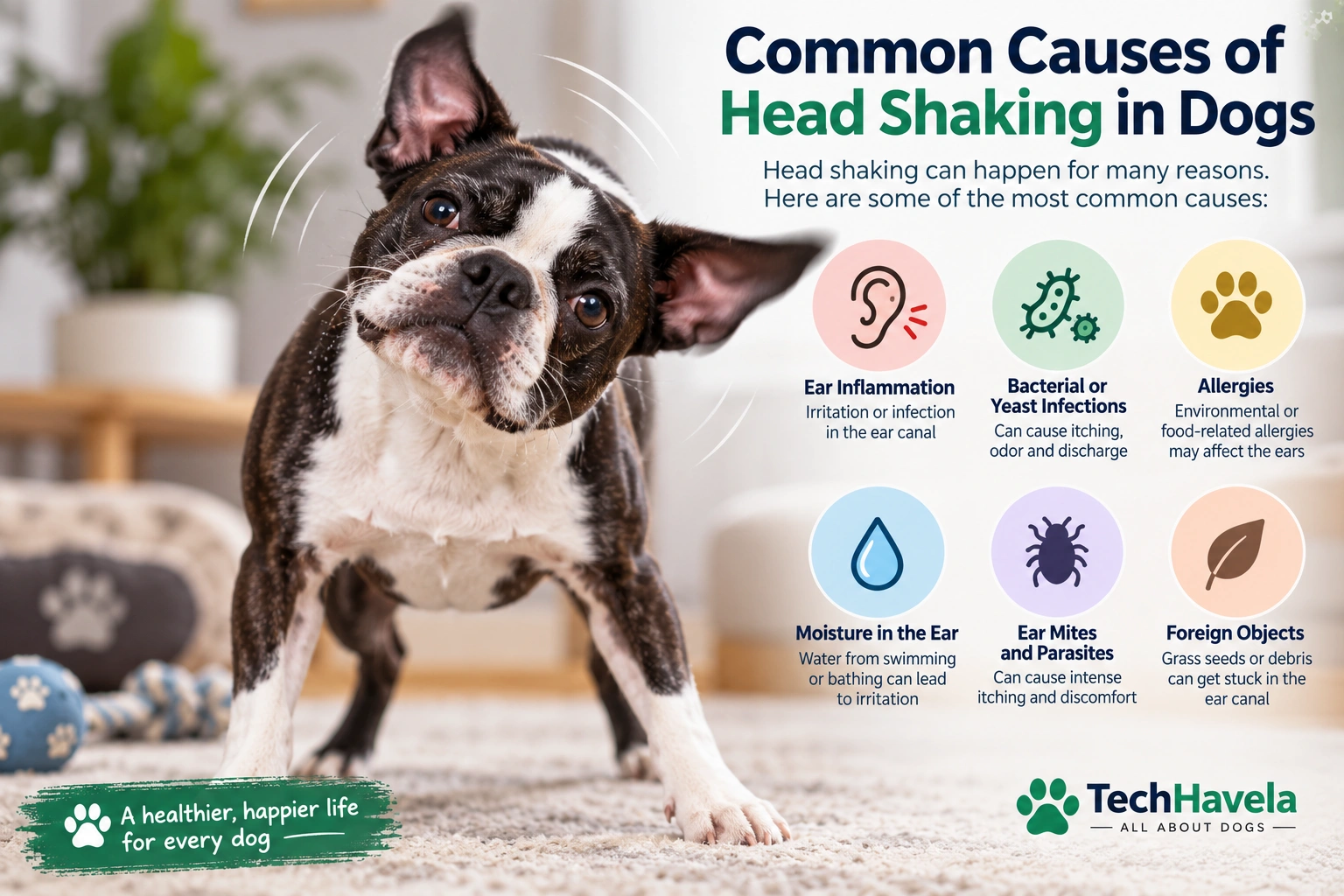 Dog shaking head with common causes including ear inflammation, infections, allergies, moisture, parasites, and foreign objects