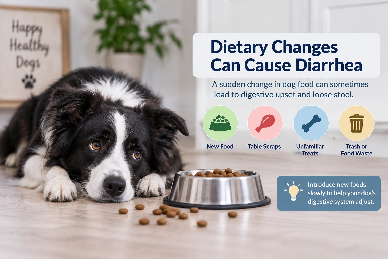 Dog diarrhea after sudden dietary changes or eating unfamiliar foodLegenda: Sudden dietary changes, new treats, table scraps, or unfamiliar foods can sometimes cause digestive upset and diarrhea in dogs. 