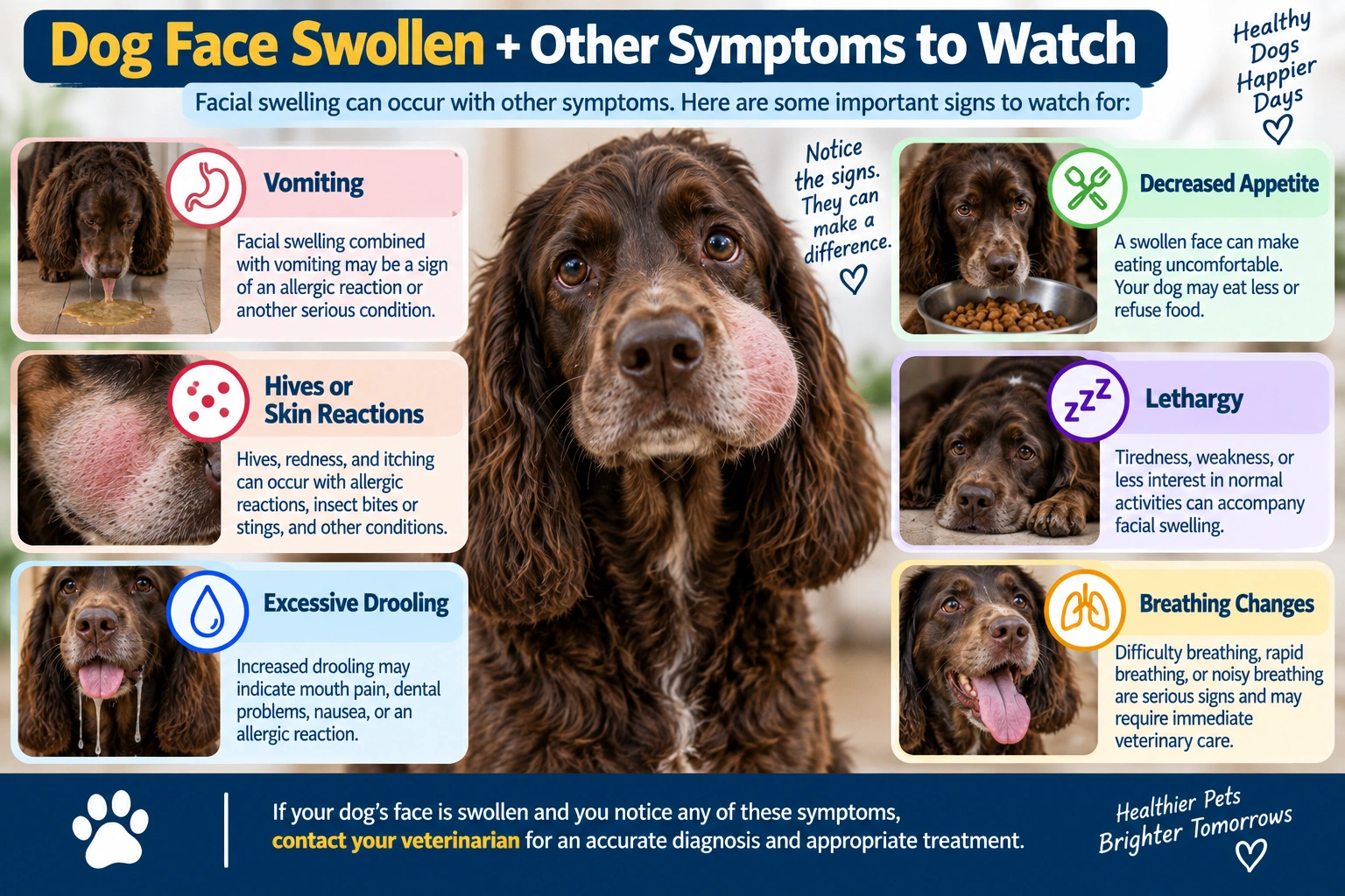Dog face swollen with vomiting, hives, drooling, decreased appetite, lethargy, and breathing changes
